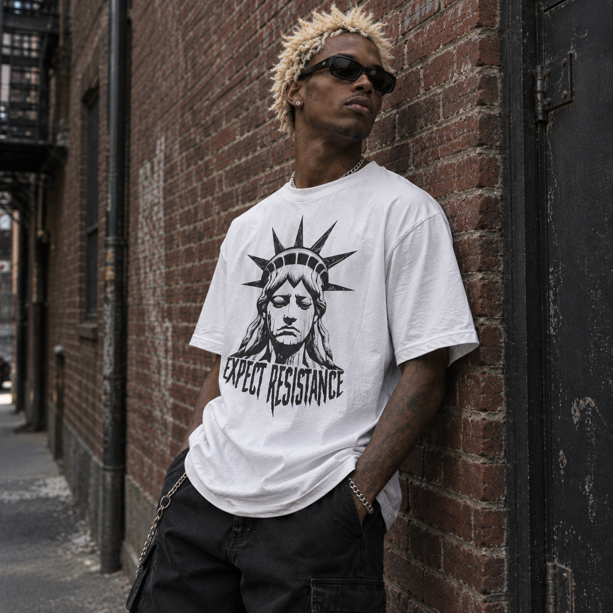 Model wearing white dystopian new york heavyweight streetwear tee, front view