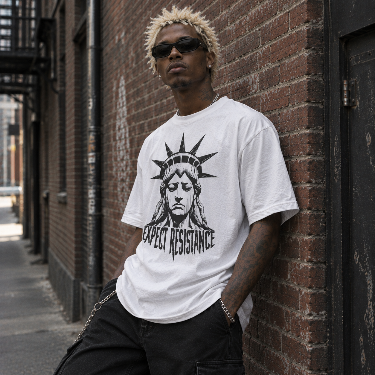 Model wearing a white thick NY dystopian streetwear tee, front view