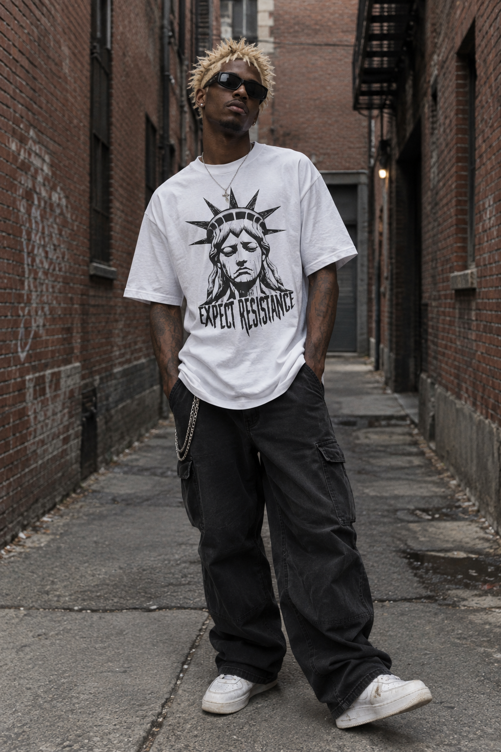 Model wearing white dystopian streetwear tee, front view