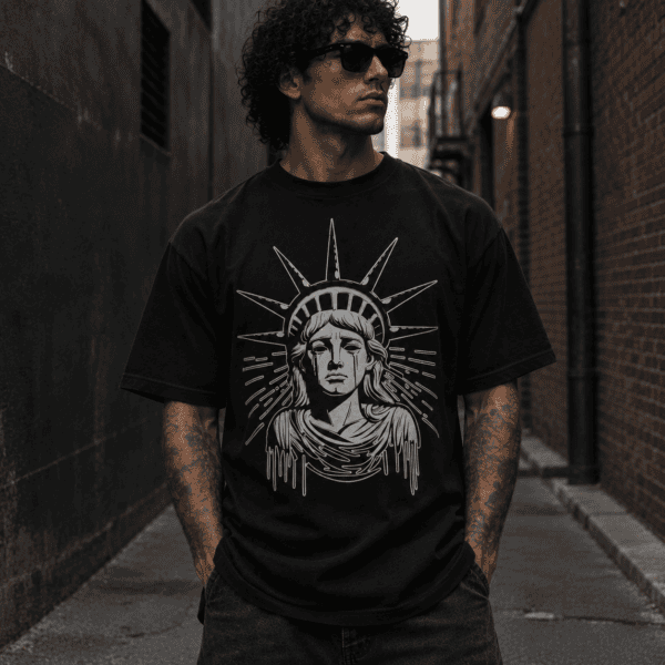 Model wearing a black fine line Statue of Liberty t shirt, front view