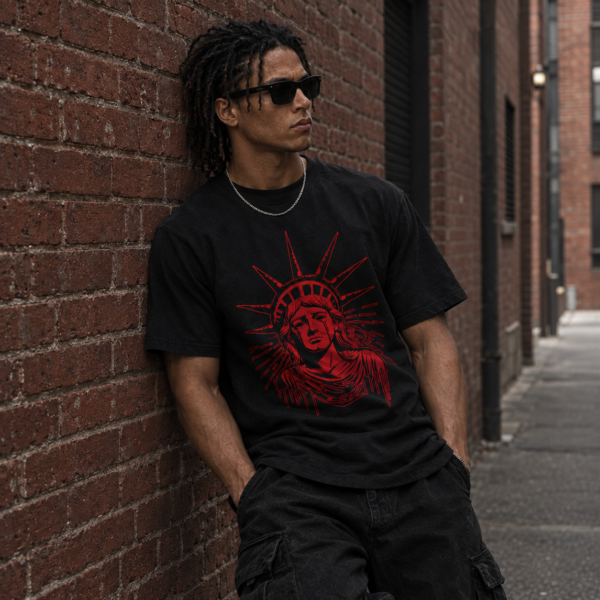 Model wearing black red statue of liberty tee, front view