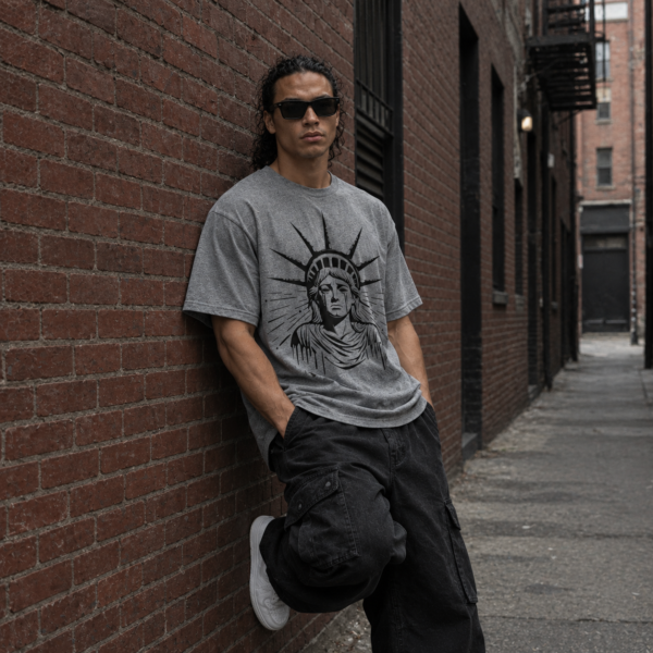 Model wearing heather gray graphic tee, front view