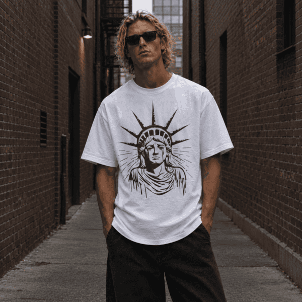 Model wearing white psychedelic streetwear liberty tee, front view