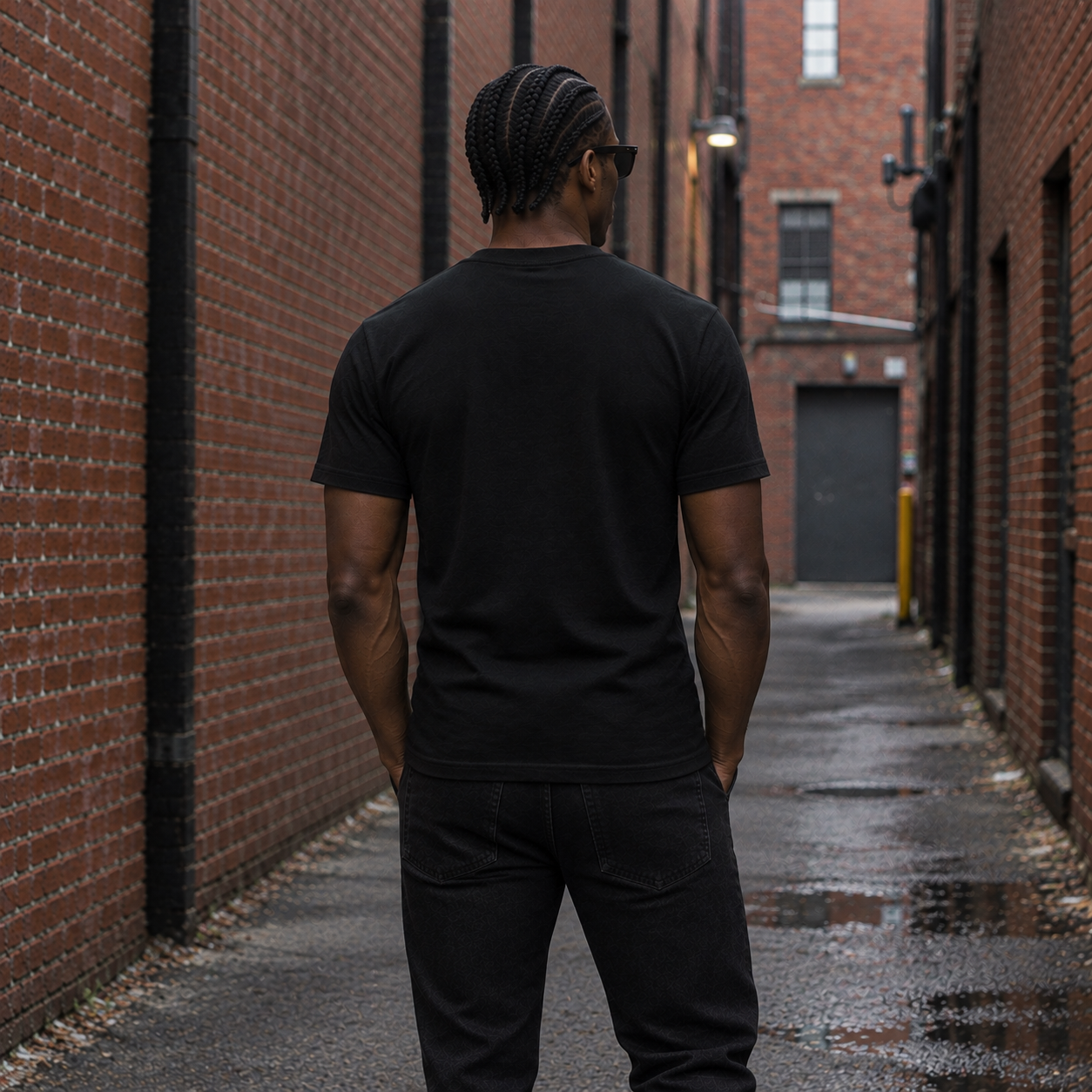 Model wearing black minimalist streetwear tee, back view