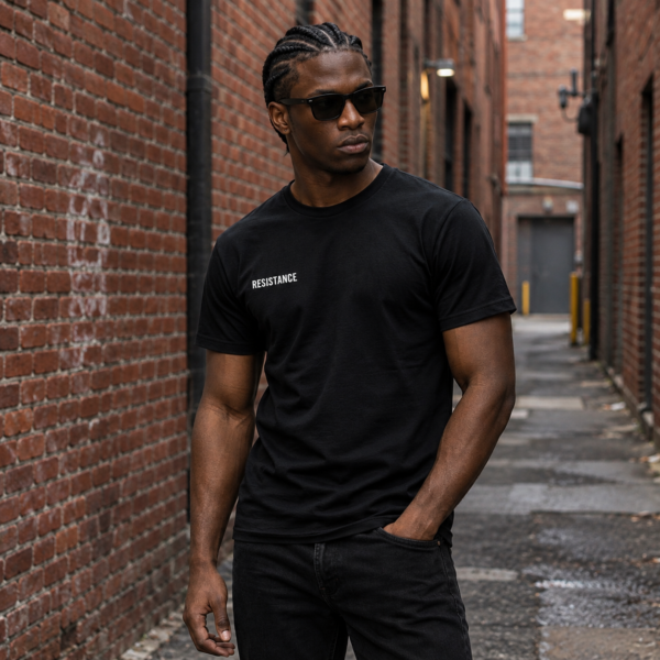 Model wearing black minimalist streetwear tee, front view