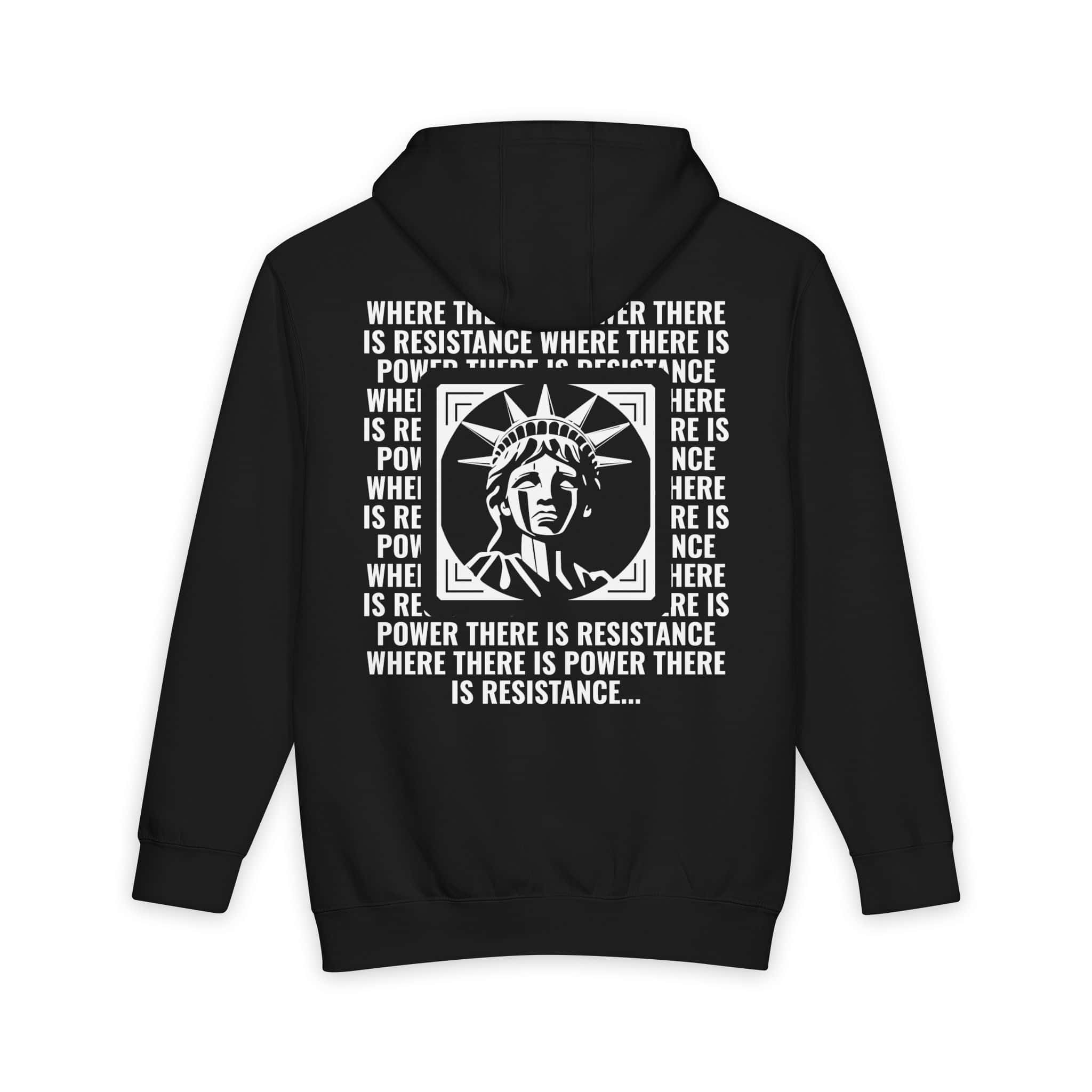 Black hoodie with white circular Liberty stamp graphic and repeated text — back