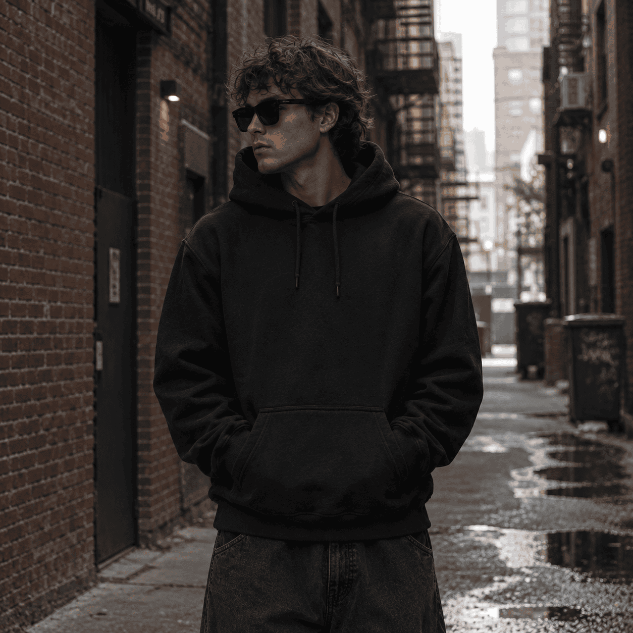 Model wearing black protest quote hoodie, front view