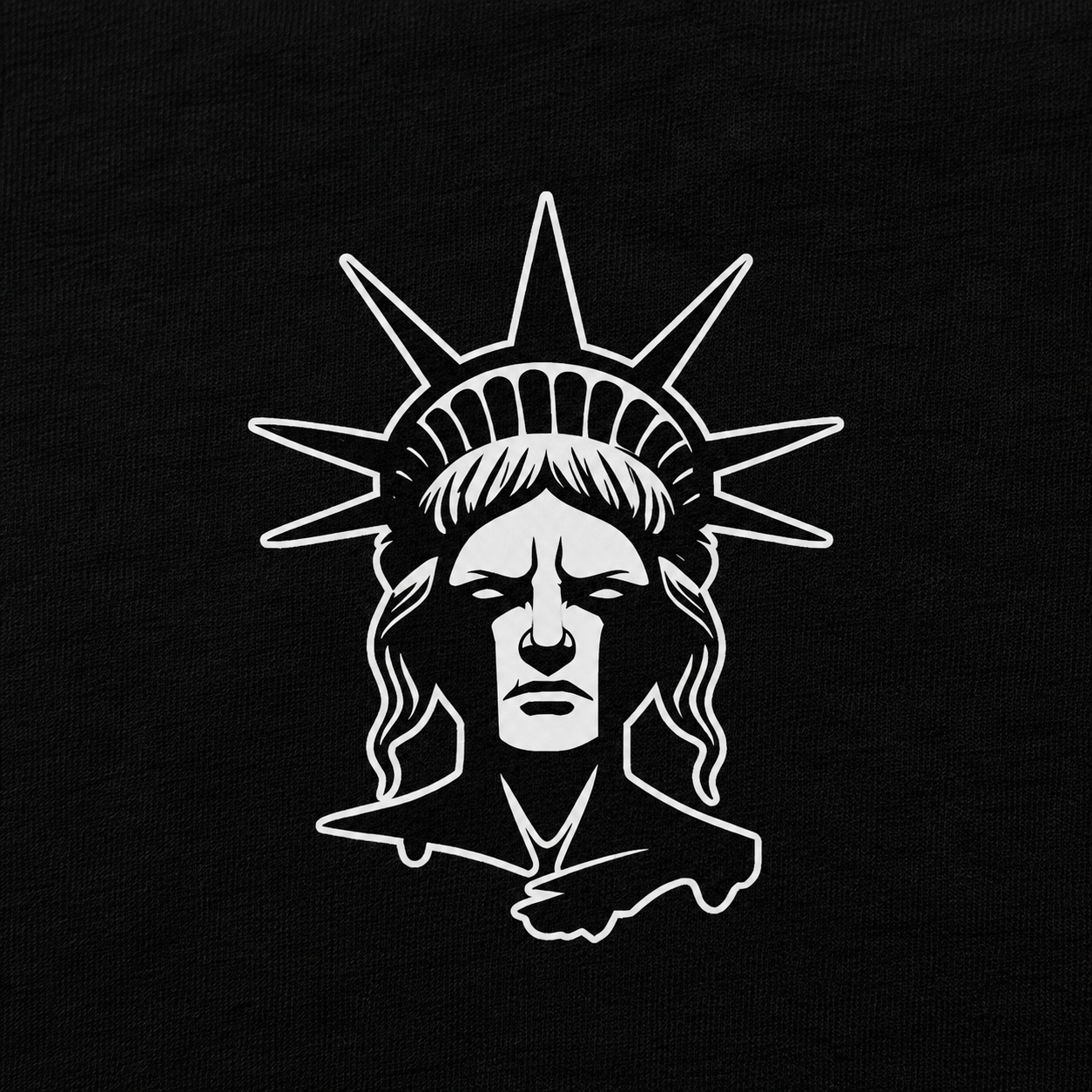 A closeup of a graphic, aggressive skate punk statue liberty