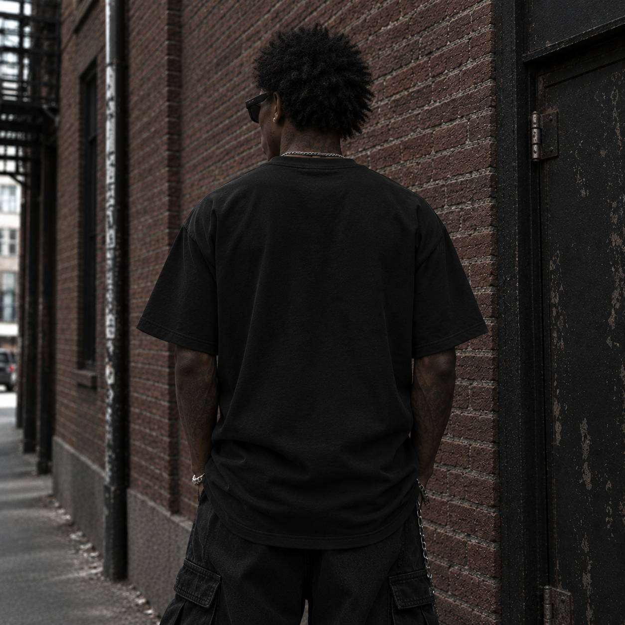 Model wearing black Liberty graphic tee, back view